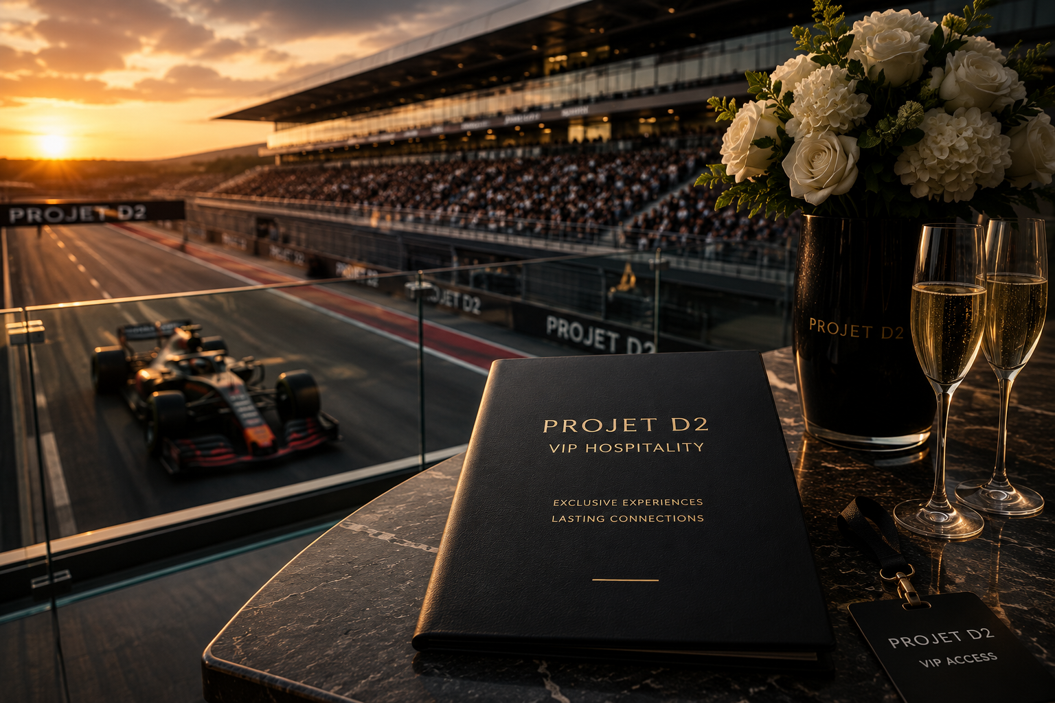 Une vue d'une course automobile en direct au coucher du soleil, avec une voiture de course sur la piste et un public dans les gradins. Sur une table devant une vitre, il y a un carnet noir avec l'inscription "PROJET D2 VIP HOSPITALITY", deux coupes de champagne, un vase avec des fleurs blanches et un badge d'accès VIP.