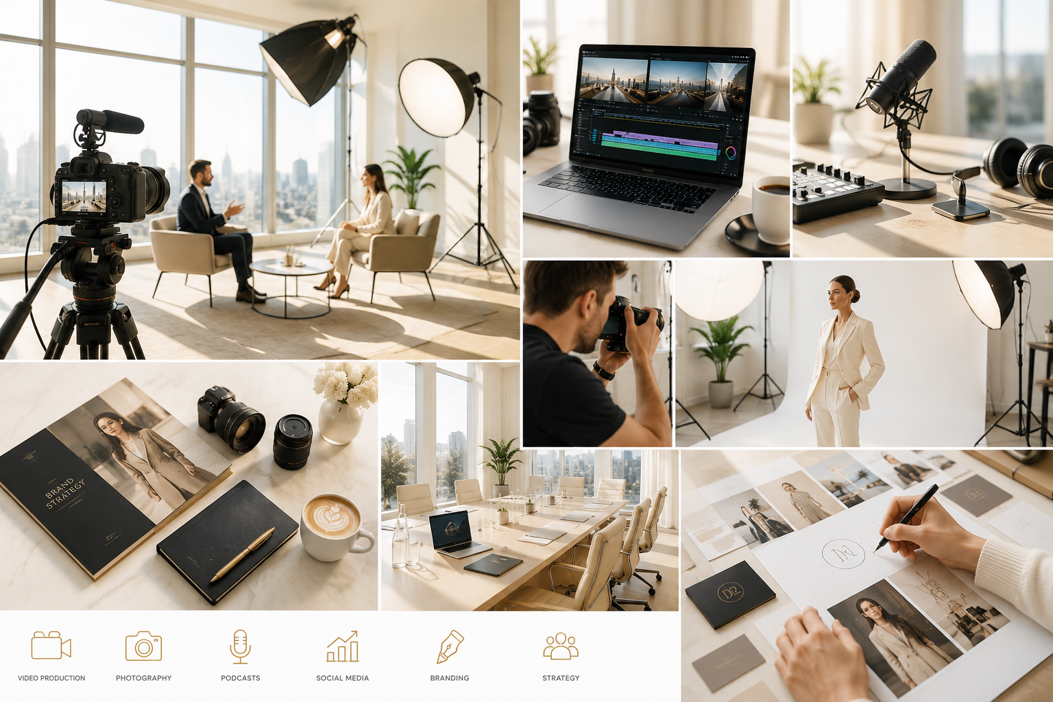 Production de contenu premium avec studio professionnel, podcast business, interview corporate, branding de luxe, création vidéo haut de gamme, photographie professionnelle, social media strategy, communication premium, image de marque forte.