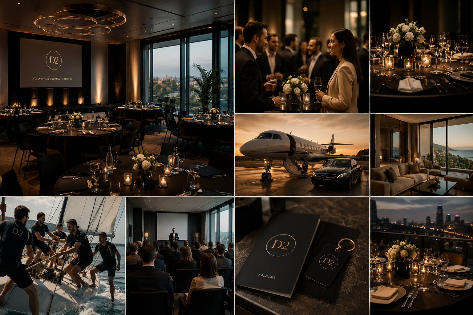 Collage premium montrant des événements corporate haut de gamme, networking business, réunions stratégiques, hospitality VIP, dîner d’affaires élégant, team building de luxe, conférences internationales, partenariats exclusifs, ambiance prestige,