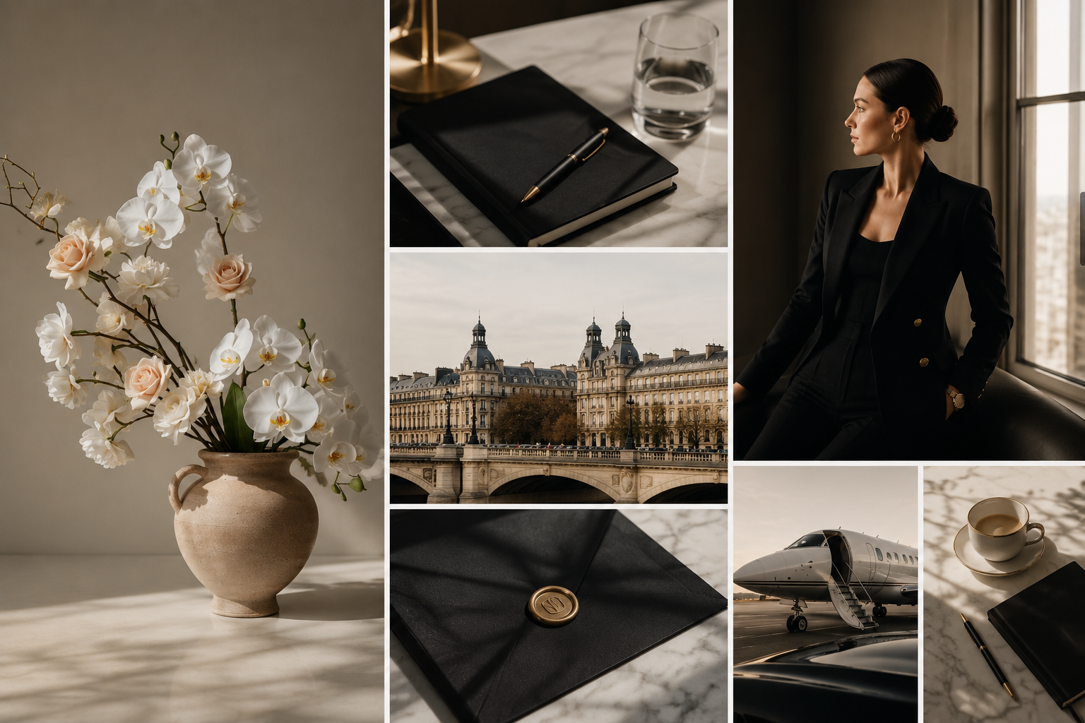 Collage de photos montrant une composition élégante avec une vase de fleurs, un carnet avec un stylo, une vue d'un bâtiment parisien, une femme en costume noir, un avion privé, une tasse de café, et une bouteille de champagne avec un verre d'eau sur une table en marbre.