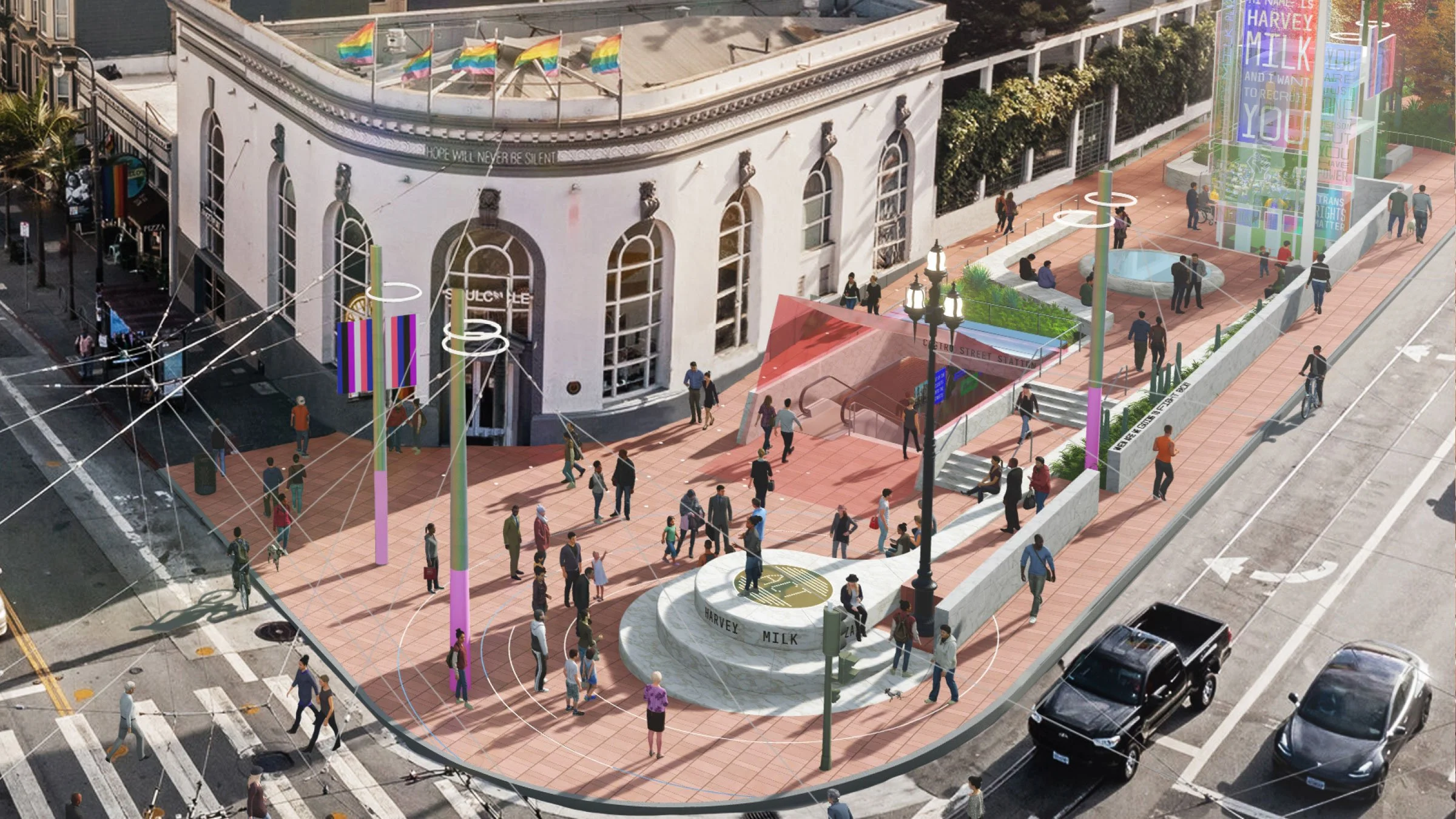 Aerial rending of the the Pedestal at the corner of Castro and Market Streets.