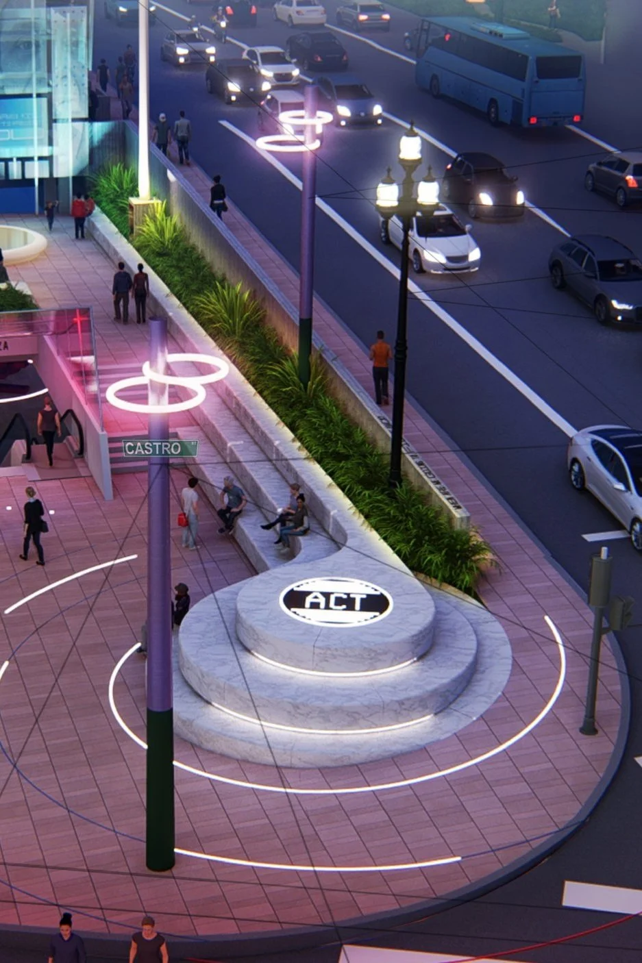 Airial image of the Pedestal. "Act" is illuminated at the top.