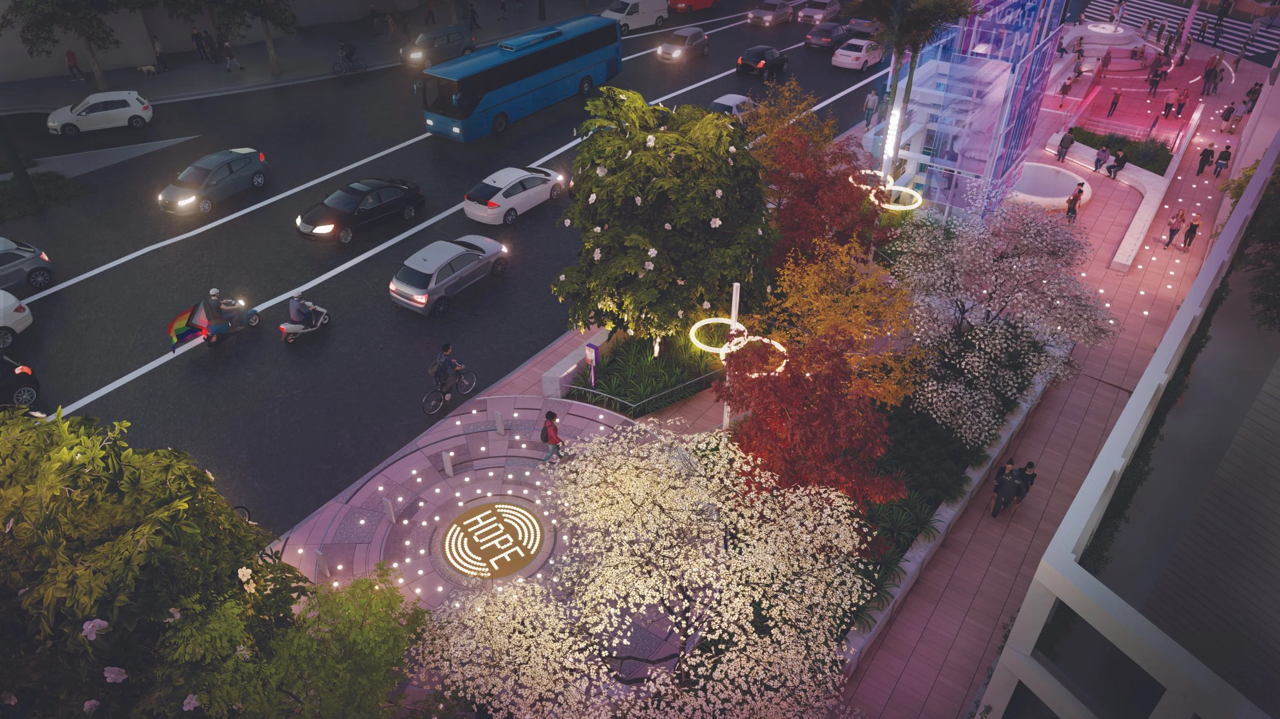 A rendering of the Grove in the evening, illuminated by light. It inspires hope.