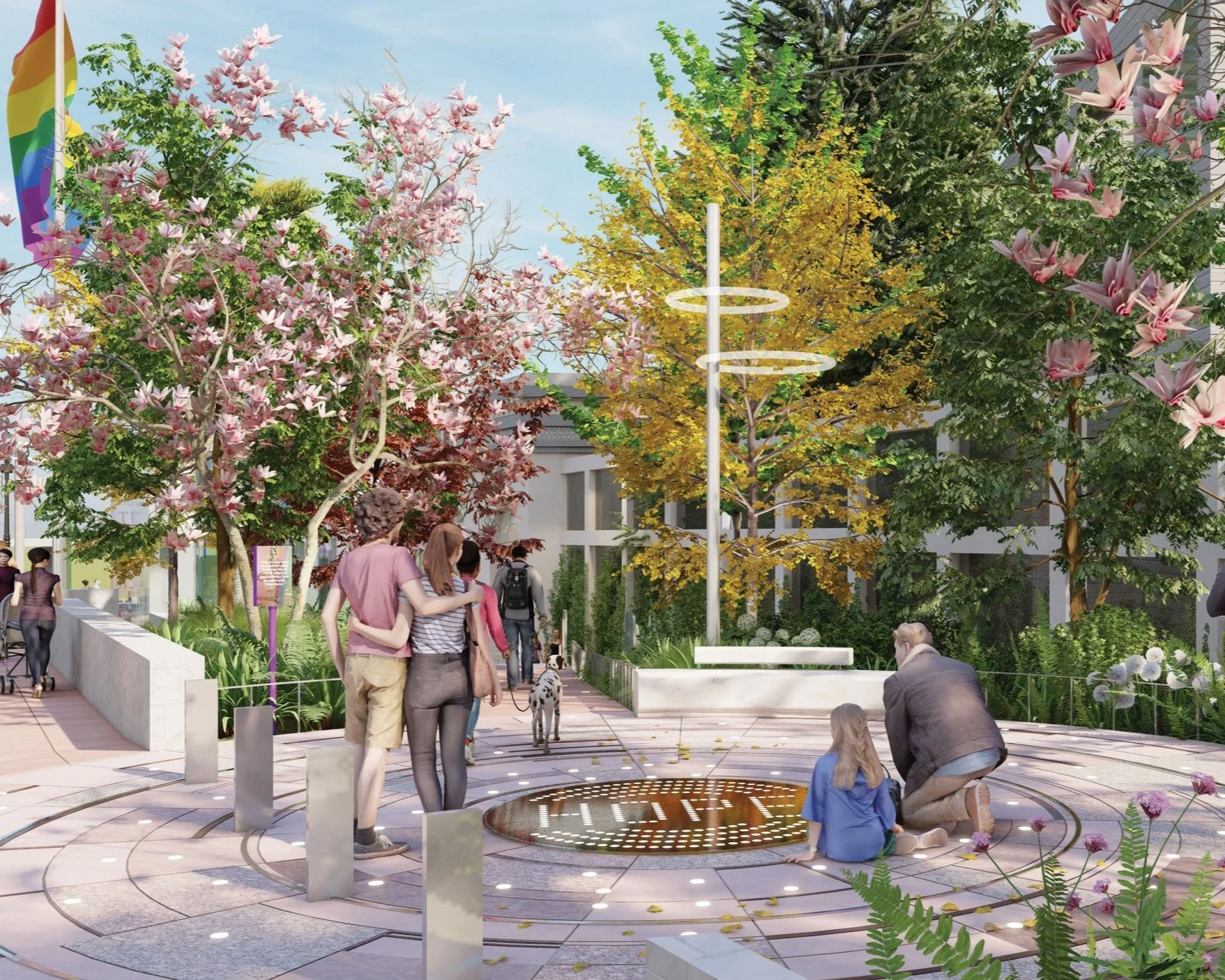 A rendering of visitors contemplating while at the Grove.