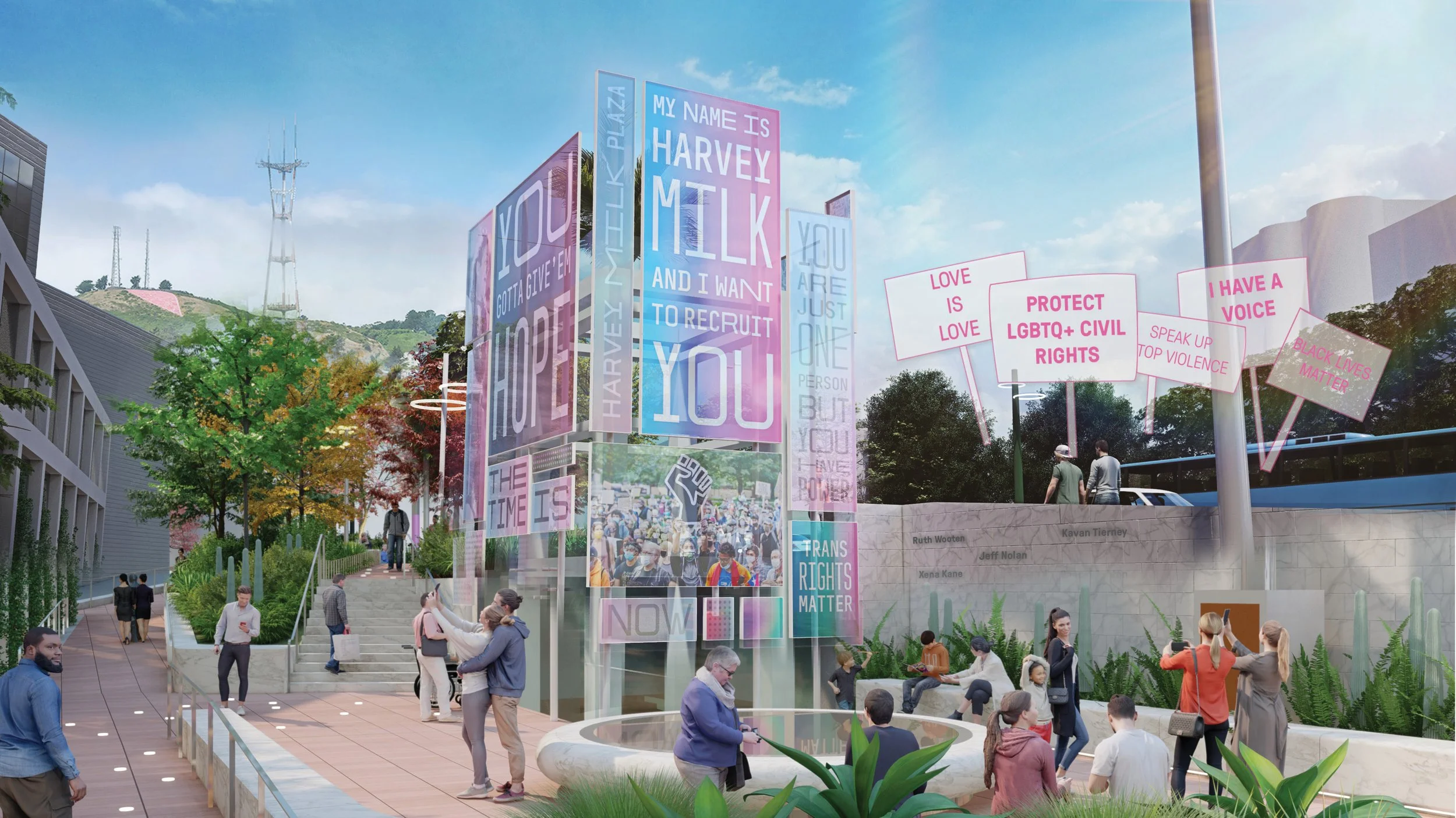 Vibrant artist rendering of The Beacon with quotations by Harvey Milk.