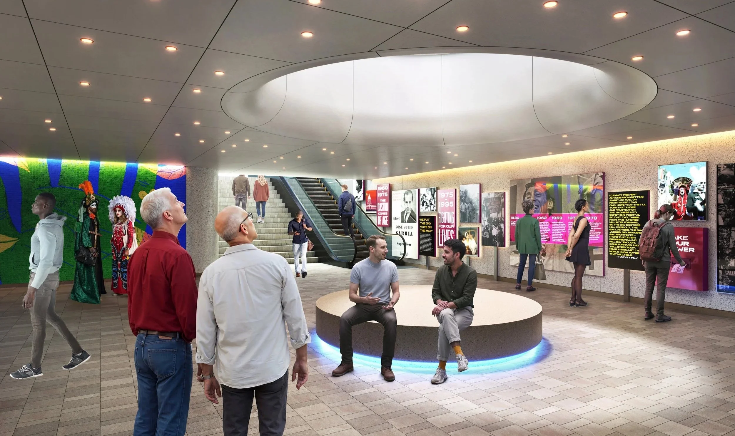 People pass through the concourse level of Castro Station, with LGBTQ+-themed exhibits on the walls and an oculus skylight.