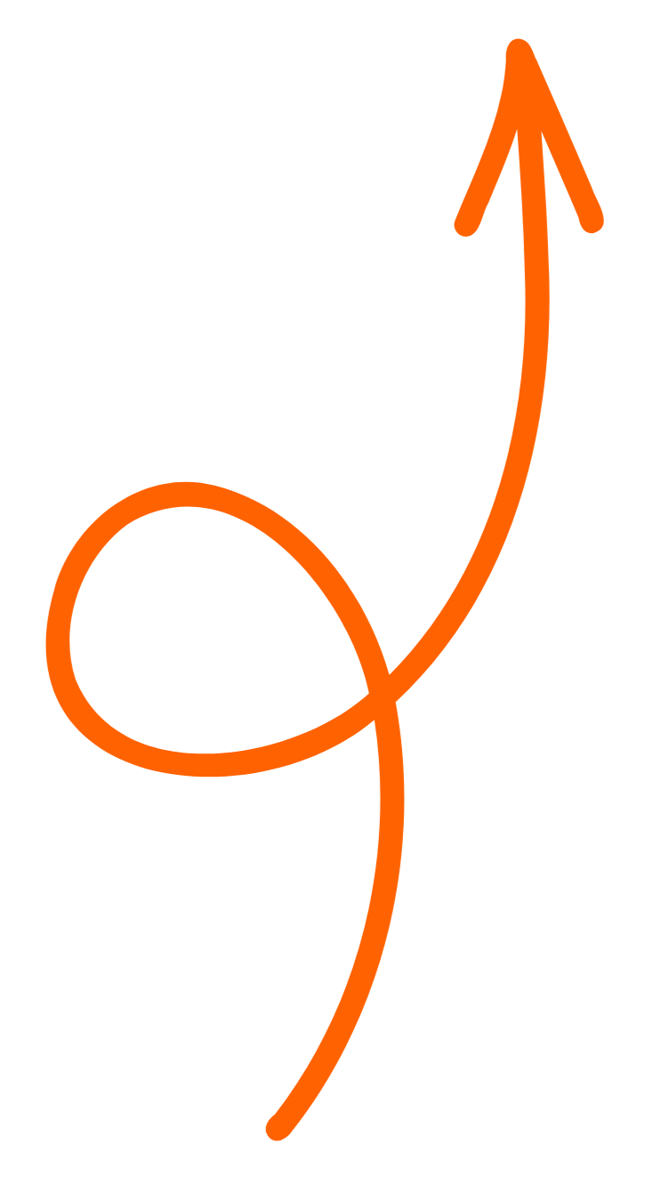 A black background with an orange, hand-drawn arrow that loops in a circular motion then points upward.