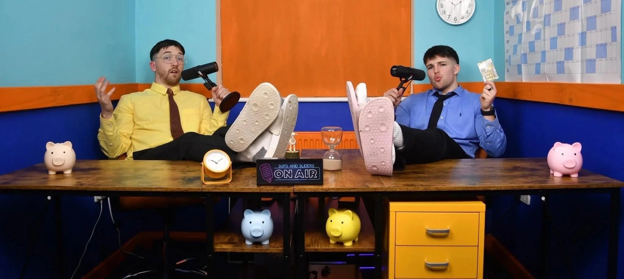 Suits and Sliders podcast hosts Jamie and Oli in the studio