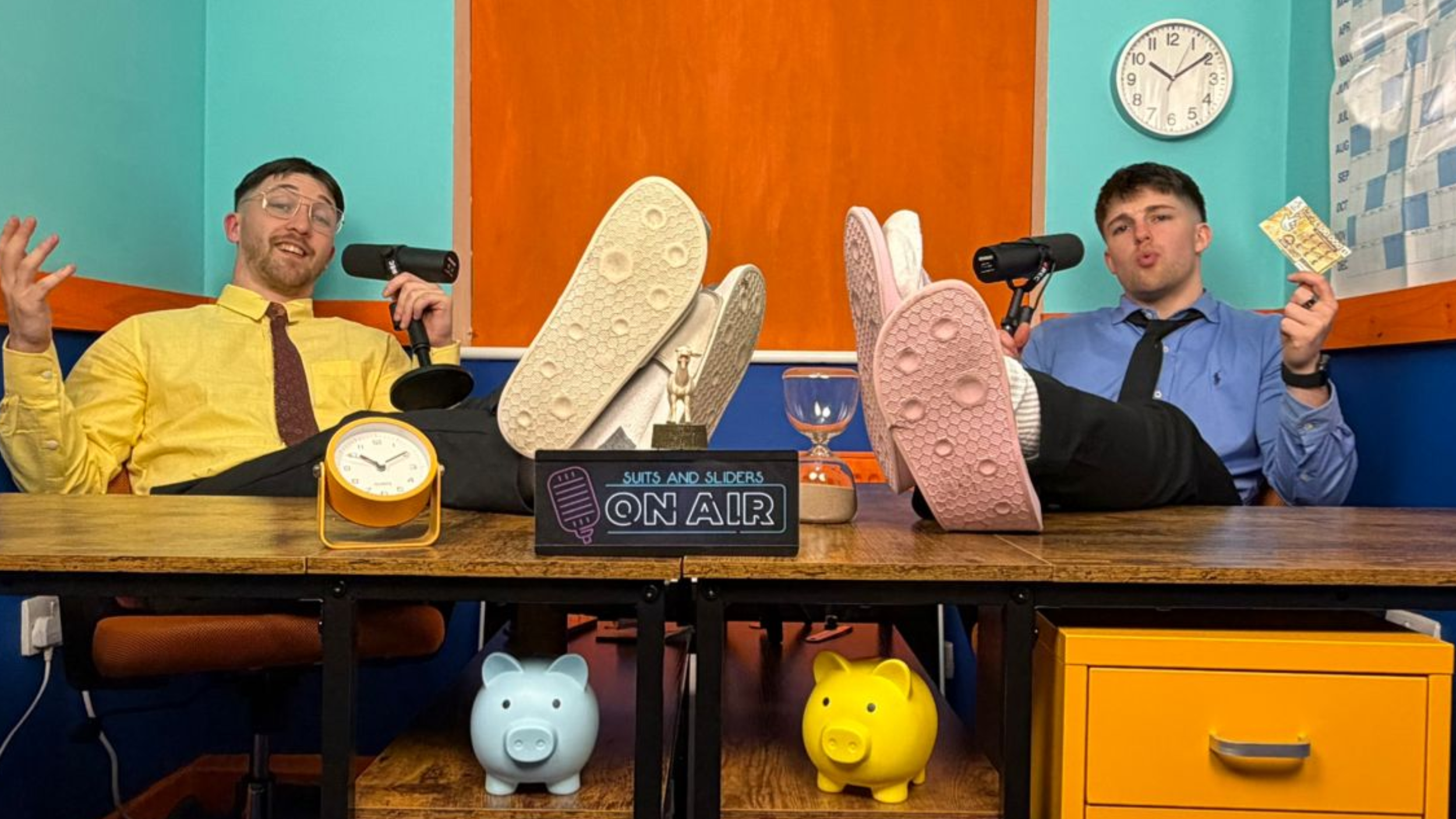 Suits and Sliders podcast hosts Jamie and Oli in the studio