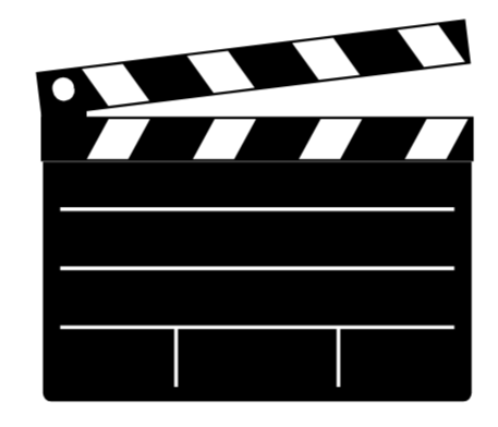 A film clapperboard with a black background, white text, and illustrations.