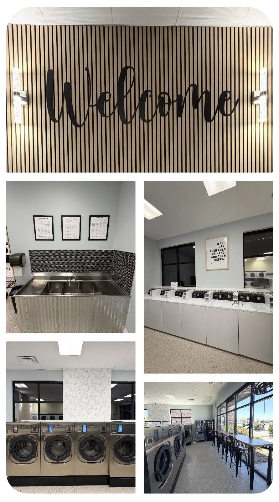 A laundry room with a large sign that reads 'welcome' on a wooden slat wall, washing machines and dryers, and seating area with chairs and a table.