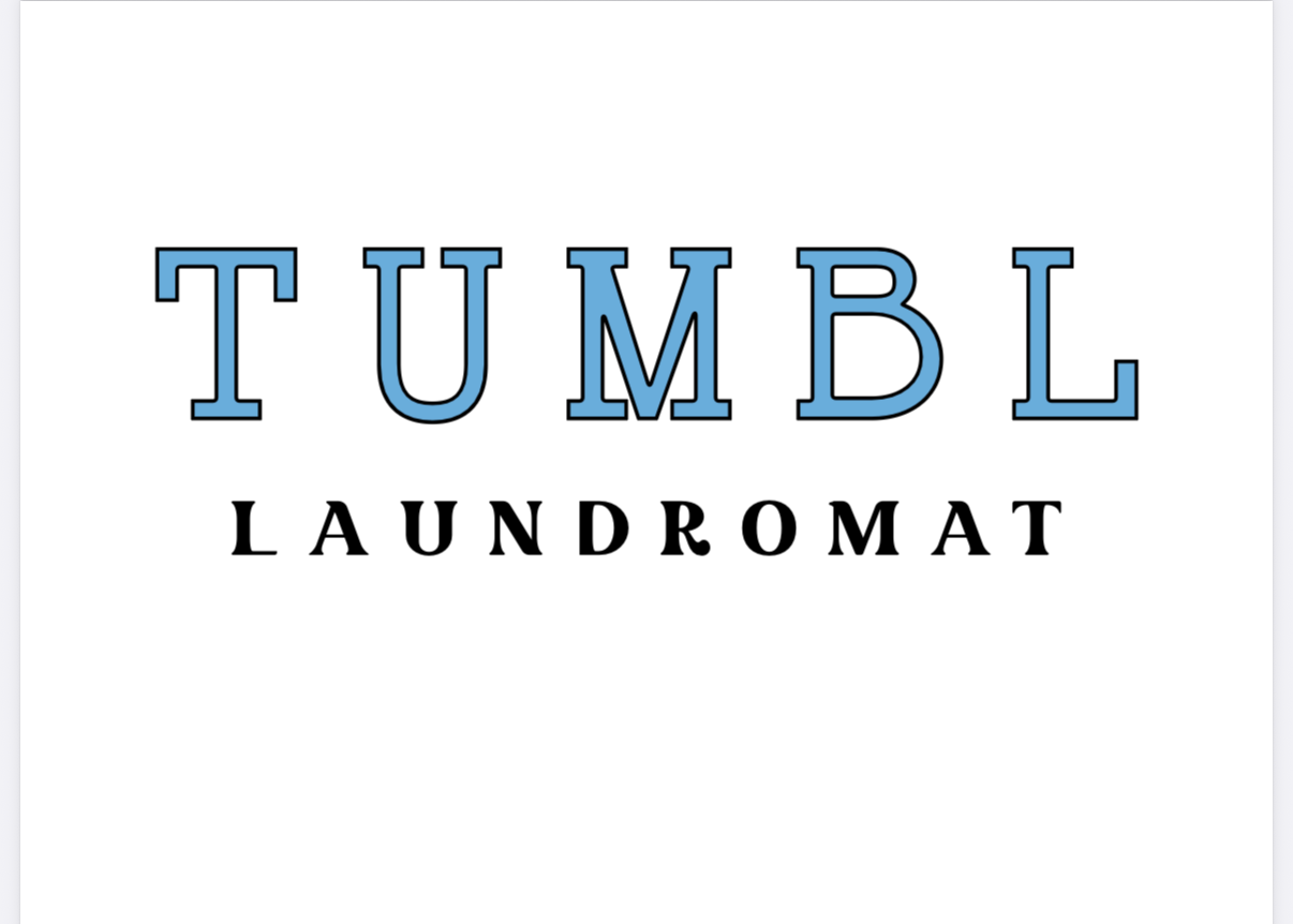 Logo with the words 'TUMBL' in large blue outlined letters and 'LAUNDROMAT' in smaller black letters below.