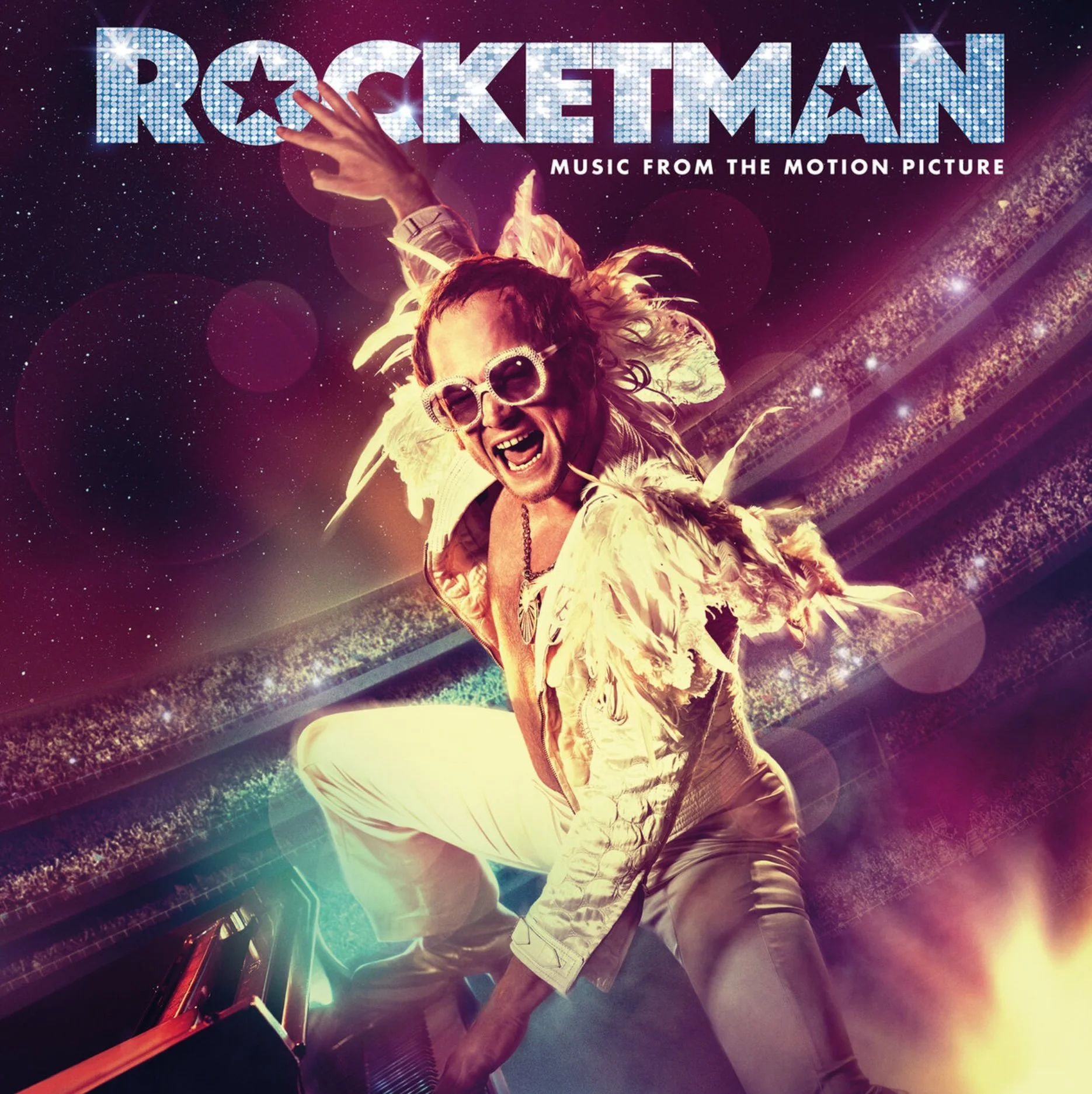 A character dressed as Rocket Raccoon from the movie Guardians of the Galaxy, wearing reflective sunglasses, a feathered jacket, and standing in a futuristic space-like setting with bright lights and cosmic background.
