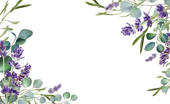 Watercolor illustration of purple flowers and green leaves framing a blank white space in the corners.