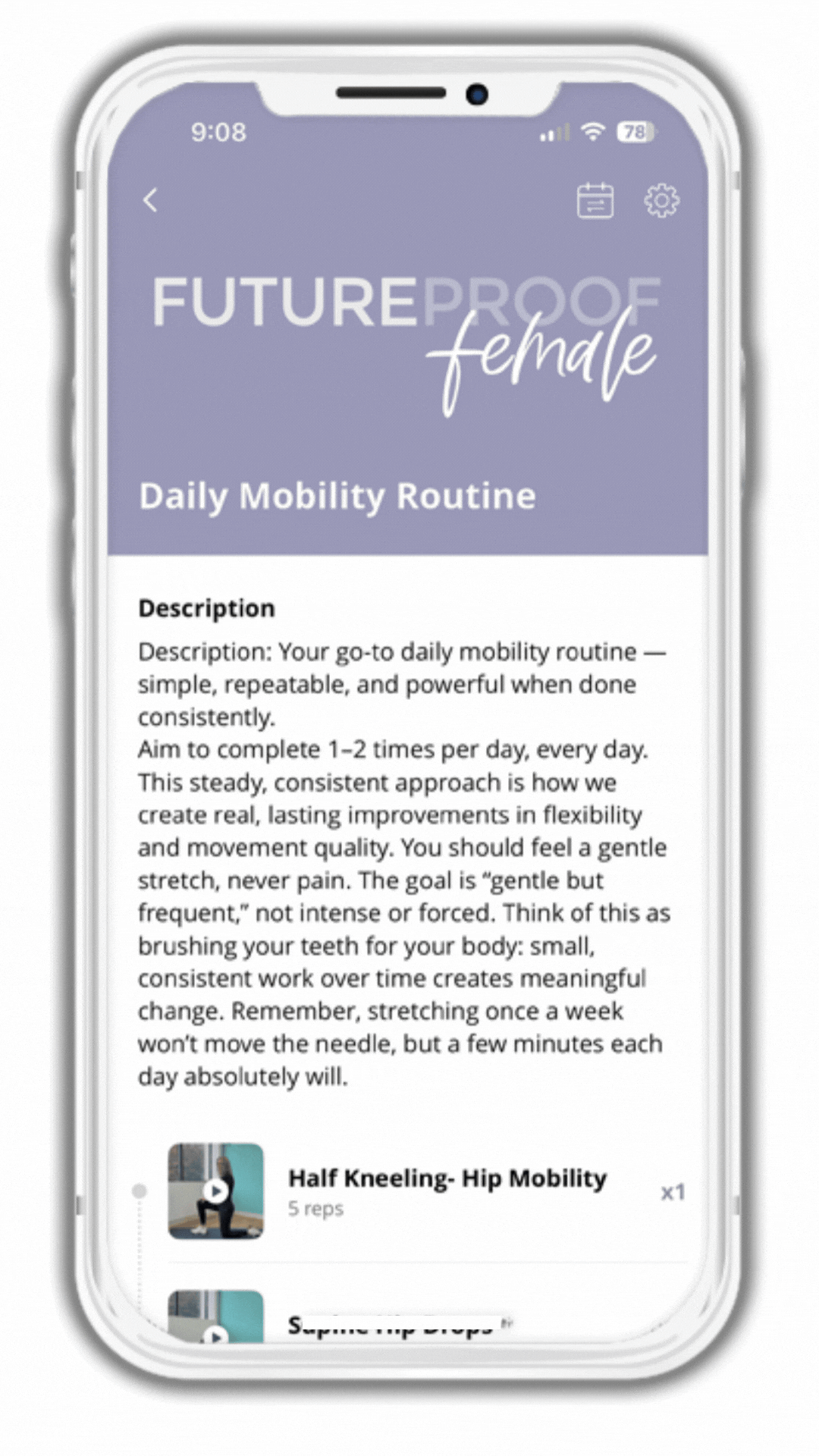 A smartphone screen displaying a mobile application titled 'FUTUREPROOF female,' focused on daily mobility routines, with a section showing a plan for simple, repeatable stretches and movement exercises.