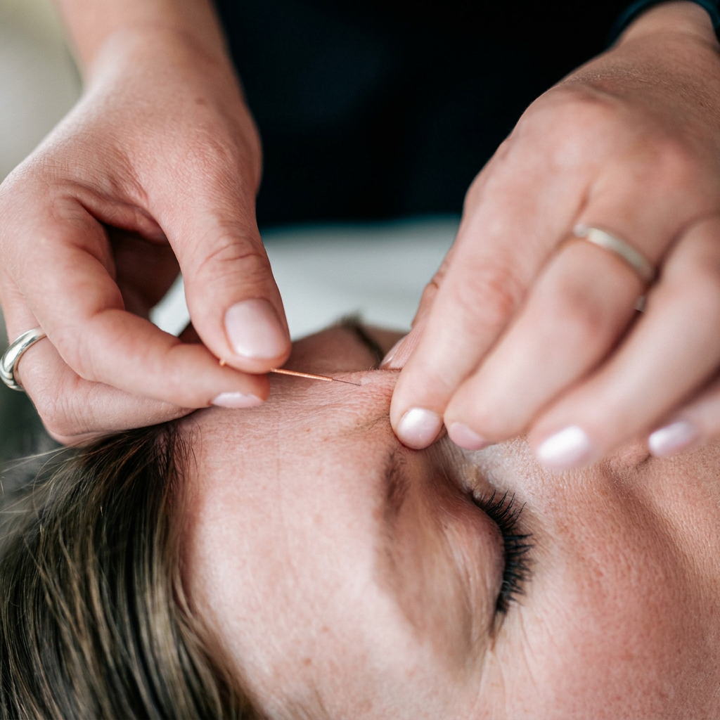 A person receiving an acupuncture treatment with a practitioner inserting a needle into their forehead.