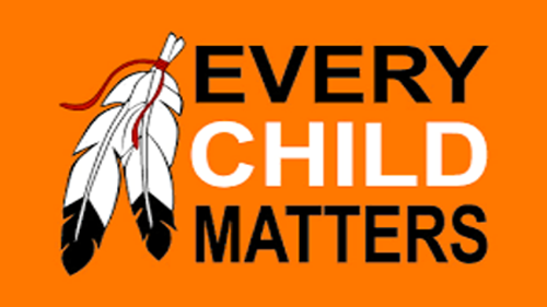 The image has an orange background with a graphic of three feathers tied together with a red ribbon on the left side. On the right side, the text reads 'Every Child Matters' in bold black and white letters.