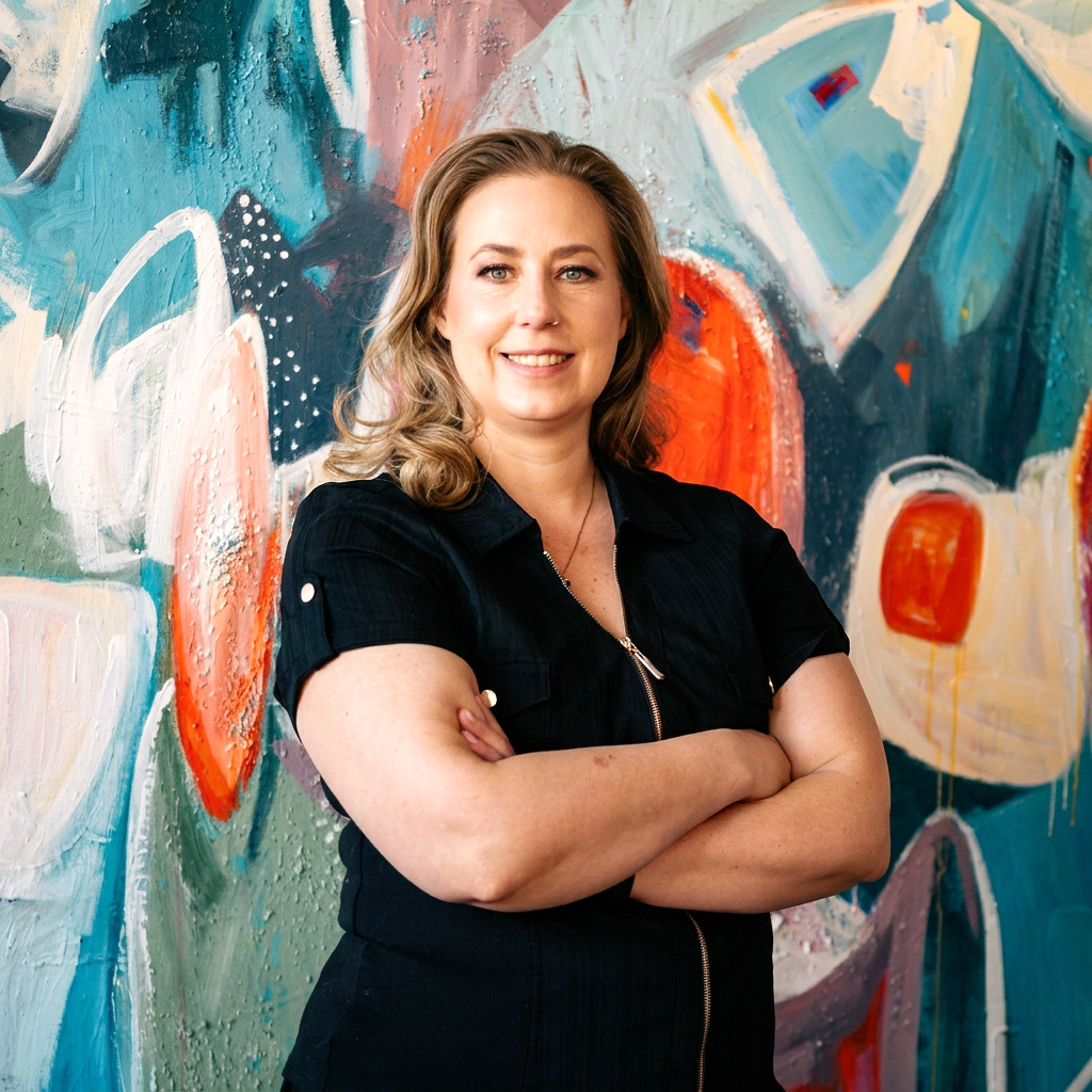 A woman with wavy light brown hair smiling with arms crossed in front of a colorful abstract painting.