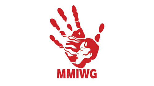 A red handprint with a female profile silhouette and flowing hair inside it, and the letters 'MMIWG' below.