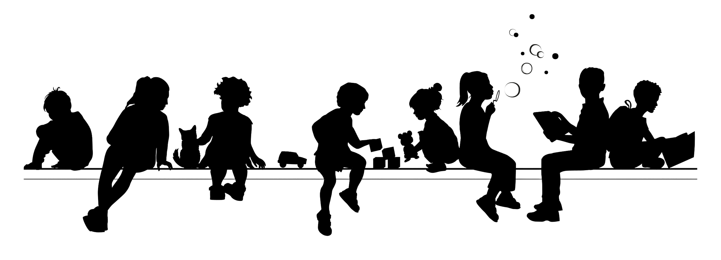 Silhouettes of children sitting and standing on a bench, some holding objects.