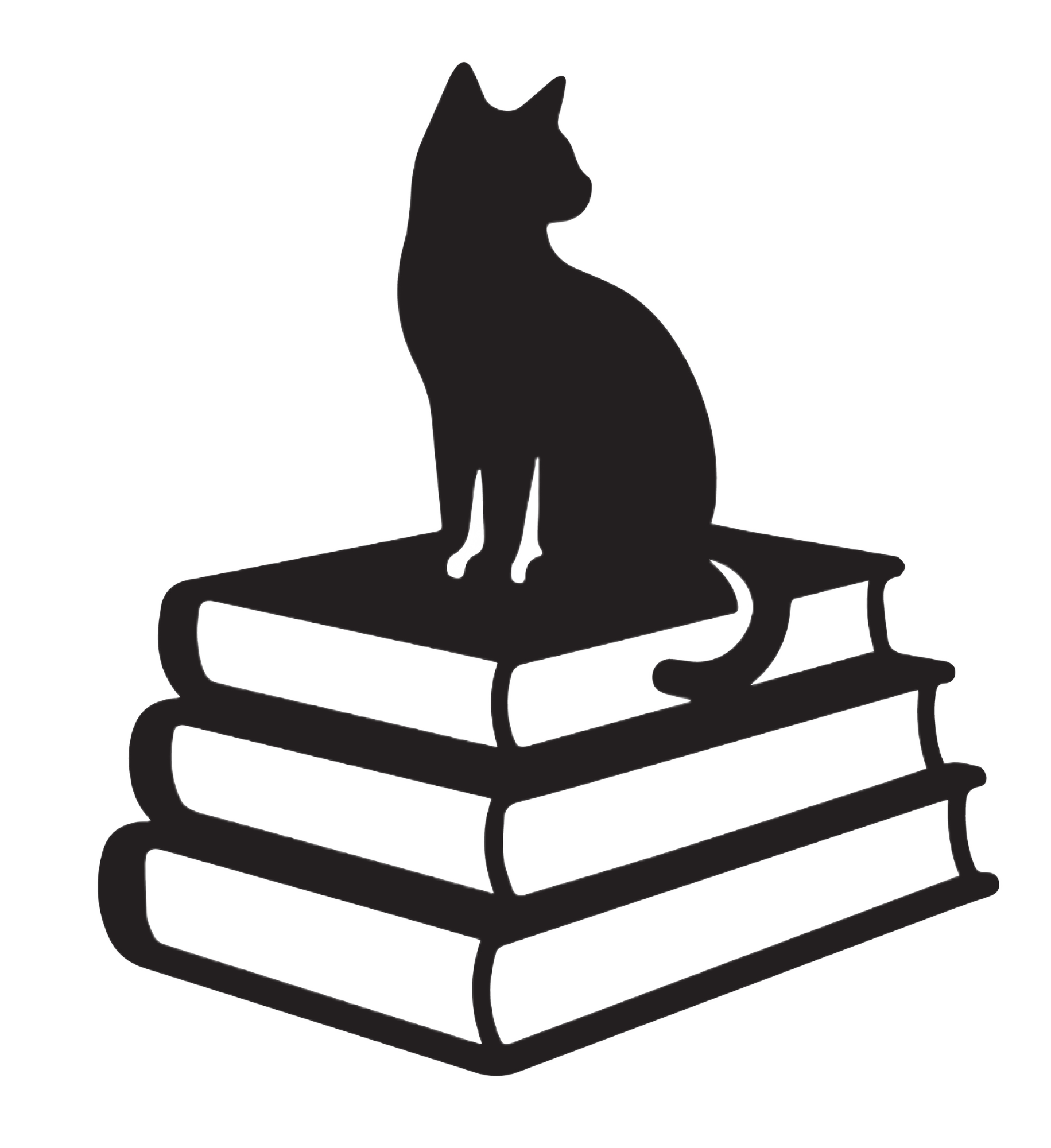 Silhouette of a sitting cat on a stack of books.