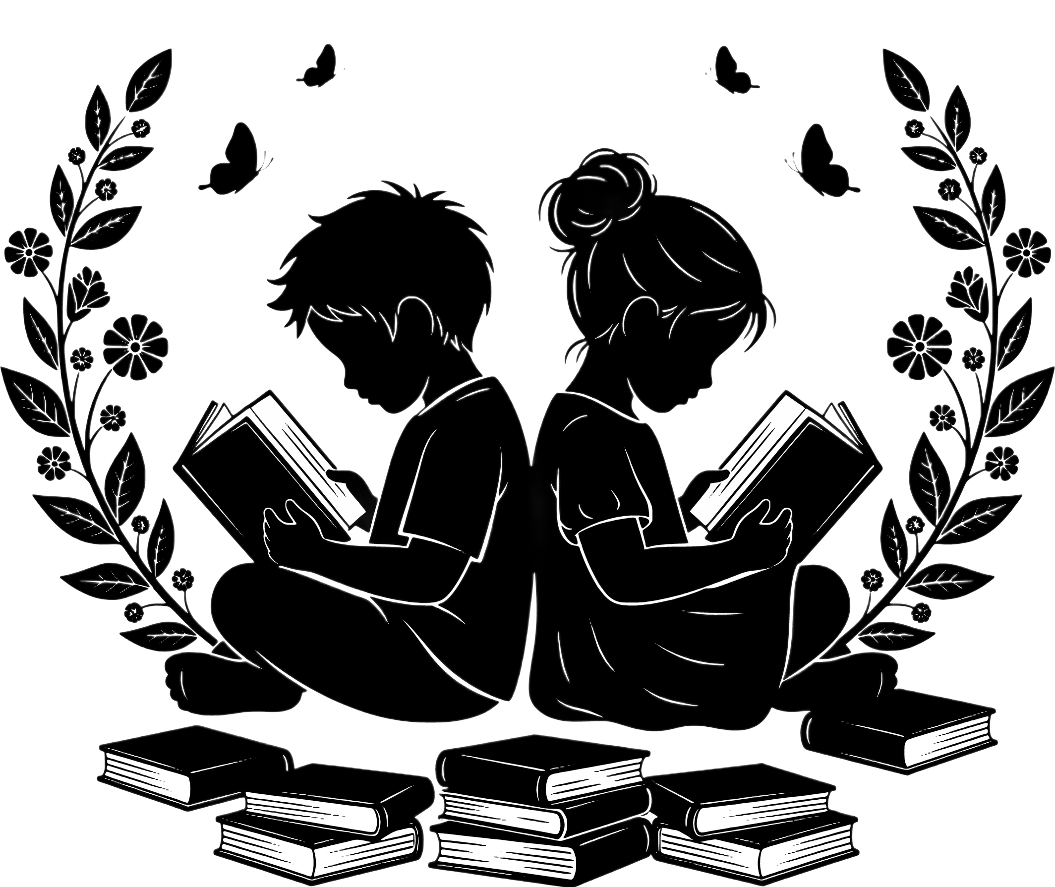Outline drawing of a boy and girl reading books, surrounded by decorative floral and butterfly patterns.