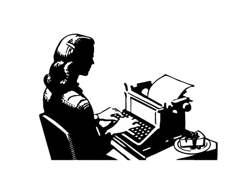 Silhouette of a woman typing on a vintage typewriter.