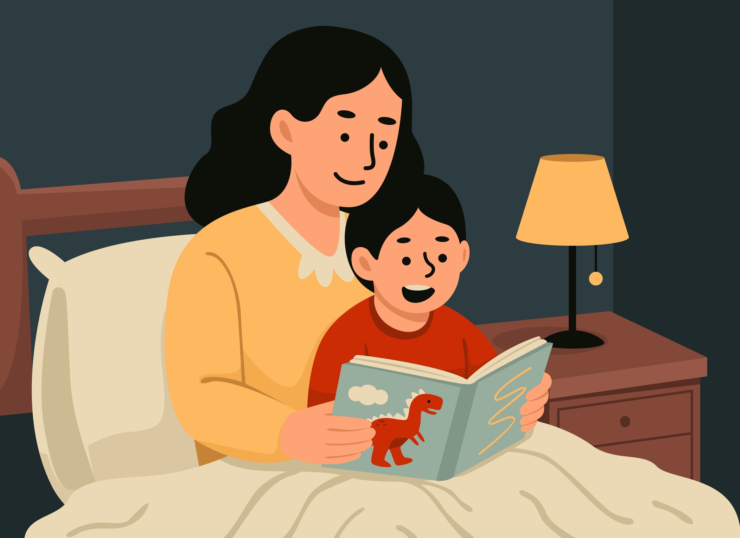 A woman and a child sitting on a bed, reading a children's book about dinosaurs, with a bedside lamp nearby.