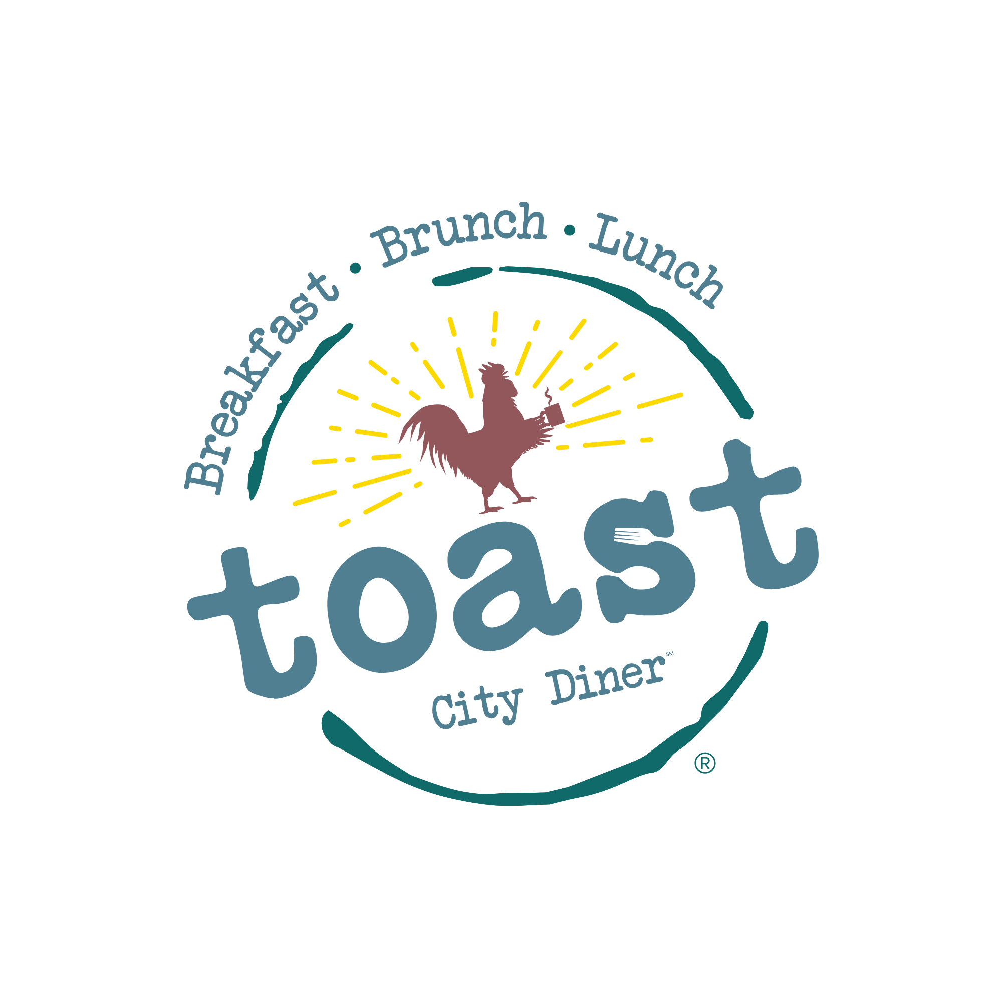 A circular logo with a rooster at the center, radiating yellow lines, and the words 'Breakfast,' 'Brunch,' and 'Lunch' around it. The logo is associated with Toast city diner.