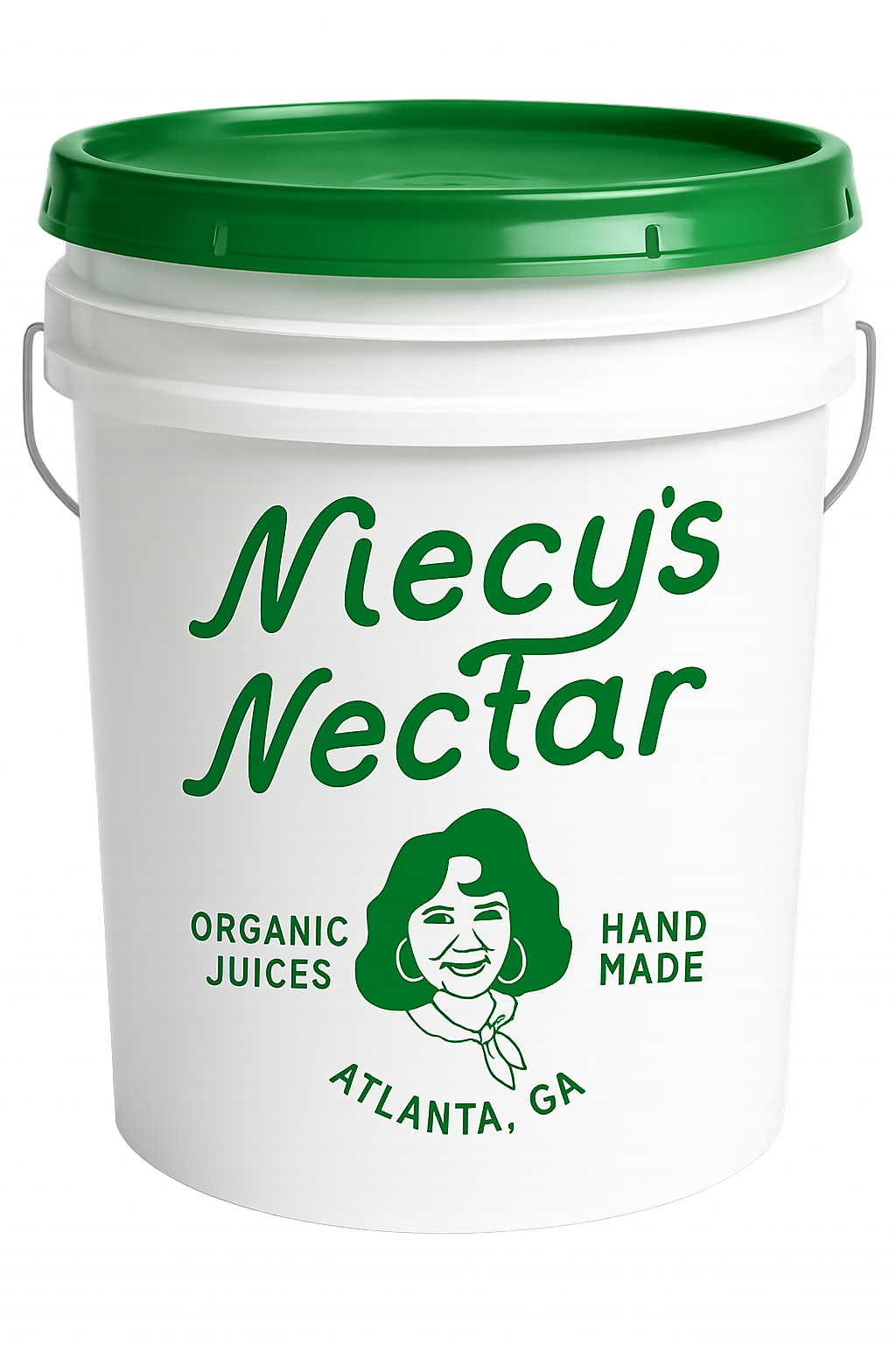 A white bucket with a green lid labeled 'Necy's Nectar', featuring an illustration of a woman with earrings and a scarf, and text indicating it contains organic, handmade juices from Atlanta, GA.