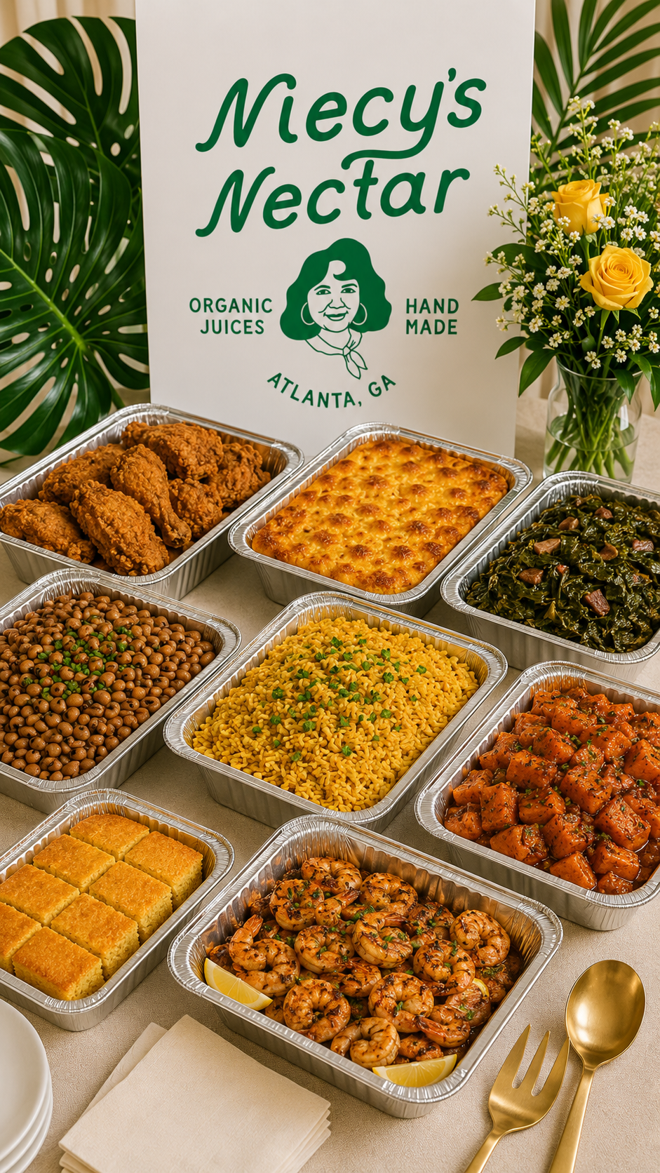 A buffet of various foods in aluminum trays at 'Mecy's Nectar' in Atlanta, Georgia, featuring fried chicken, baked casserole, sautéed greens, black-eyed peas, yellow rice, sweet potatoes, cornbread, and shrimp, with a sign and a bouquet of yellow roses nearby.