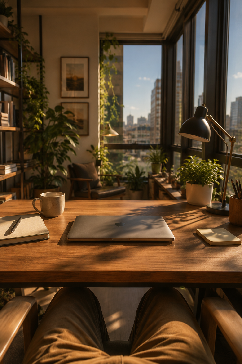 A cozy home office with a wooden desk, open laptop, notebook, coffee mug, and desk lamp. Large windows with cityscape view, green plants, and sunlight streaming in.