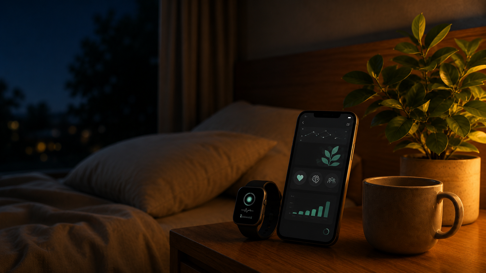 Nighttime bedroom scene with a wooden nightstand holding a smartphone displaying health and wellness app, a smartwatch, a potted plant, a ceramic mug, and a bed with beige bedding and pillow in the background.