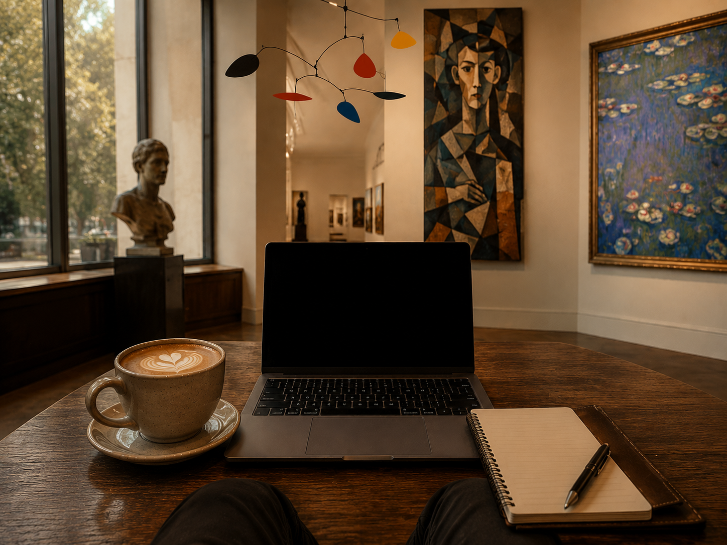 A cozy coffee shop or art gallery with a wooden table holding a laptop, a cup of coffee with latte art, a notebook with a pen, and a large window showing outdoor trees. The background features framed paintings and a bust sculpture, with gallery lighting and artwork on the walls.
