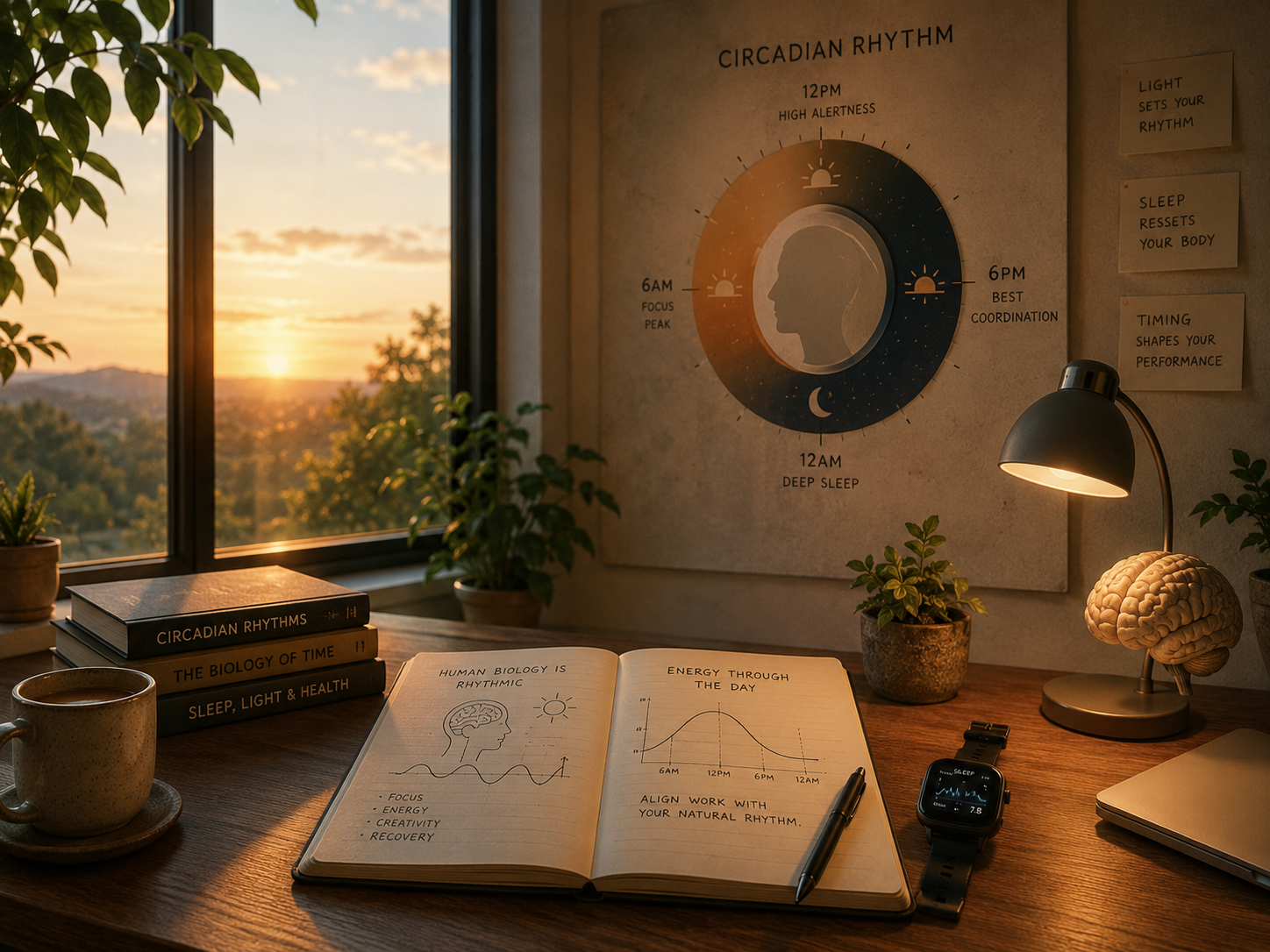 A study desk with books, an open notebook, a coffee mug, a smartwatch, a closed laptop, and a brain-shaped desk lamp. The notebook contains notes about human biology and energy throughout the day. The background features a window with a sunset and a wall chart about circadian rhythms.