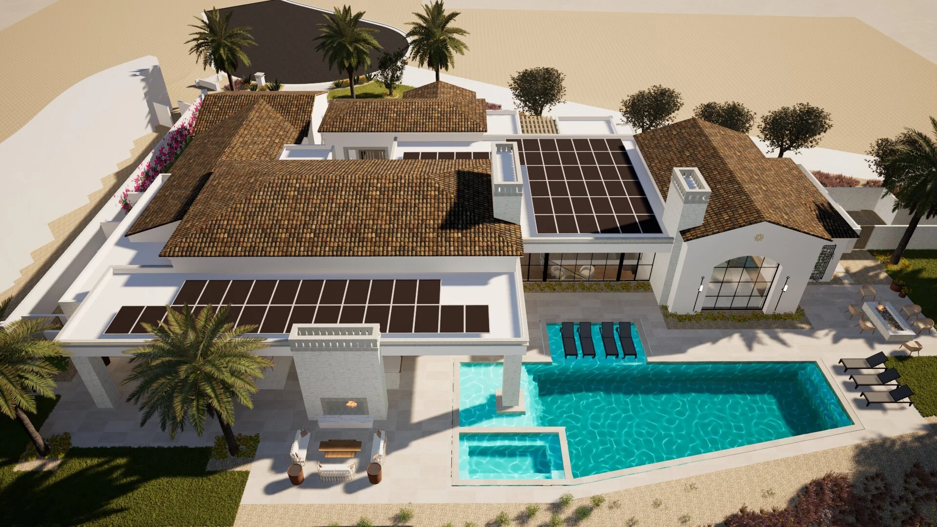 Aerial view of a modern house with a swimming pool, surrounded by palm trees and greenery.