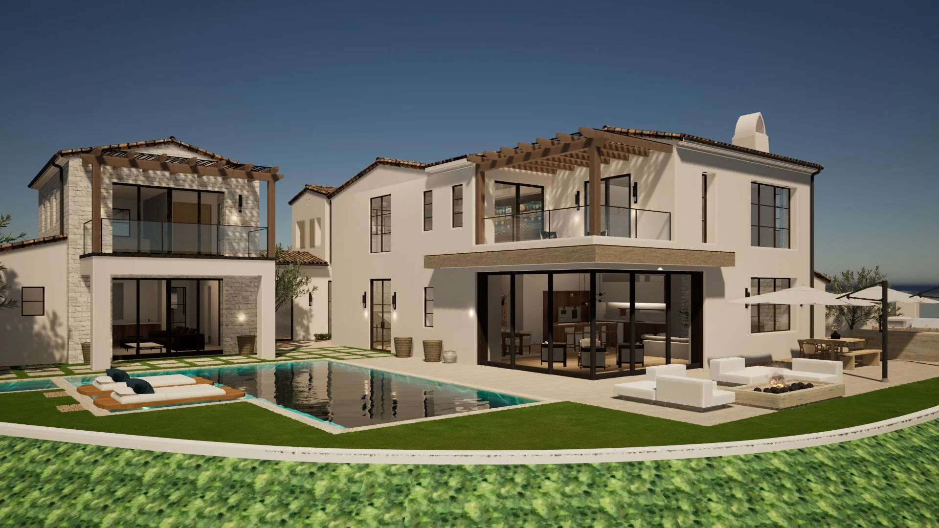 A modern luxury house with a pool and outdoor seating area, featuring multiple levels, large windows, and a backyard with grass and paving.