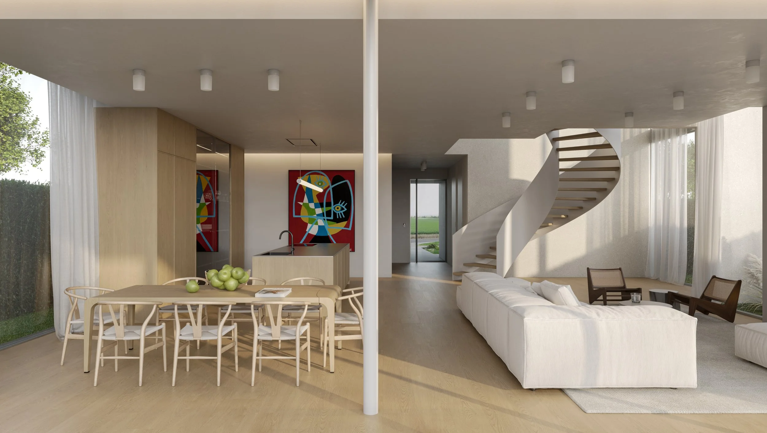 Interior of a modern house featuring a dining area with a wooden table, a white sofa, a spiral staircase, and large windows with sheer curtains offering a view of greenery outside.