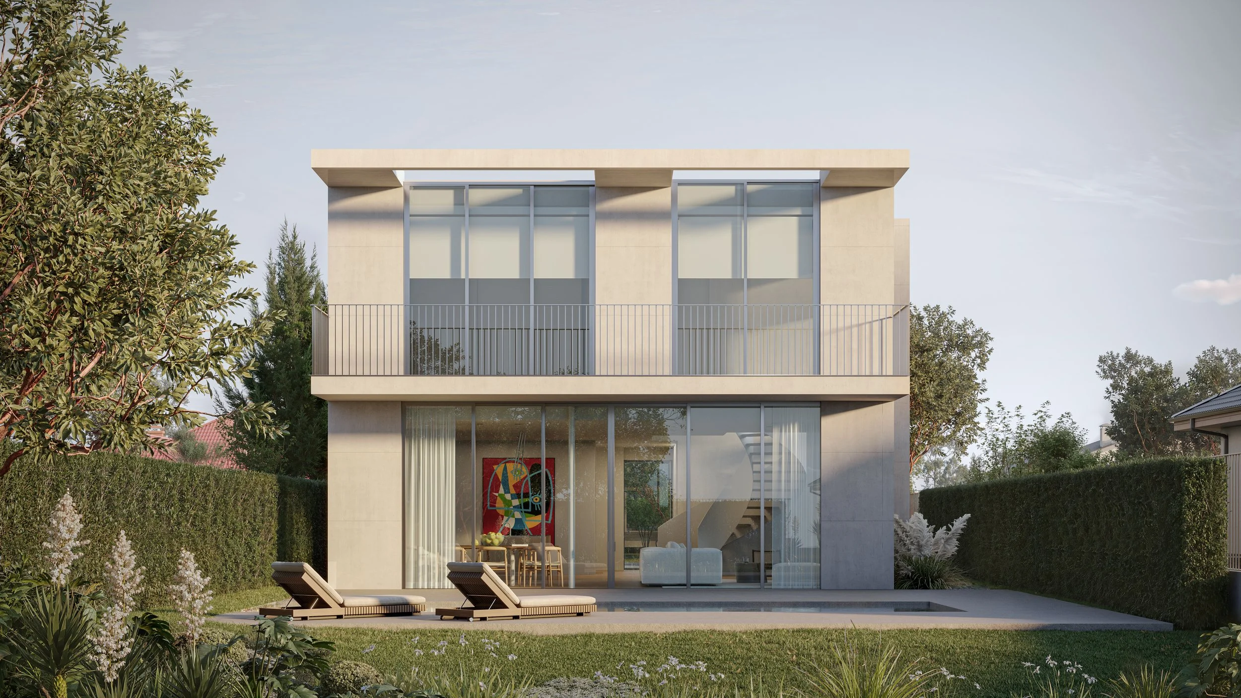 A modern multi-story house with large glass windows and a balcony, surrounded by greenery and trees.