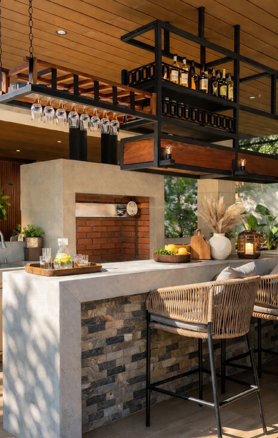 Bar conasador con vasos colgantes, estantes con botellas, mobiliario de madera, decoraciones con plantas y una chimenea de ladrillo y piedra, en un ambiente con luz natural.