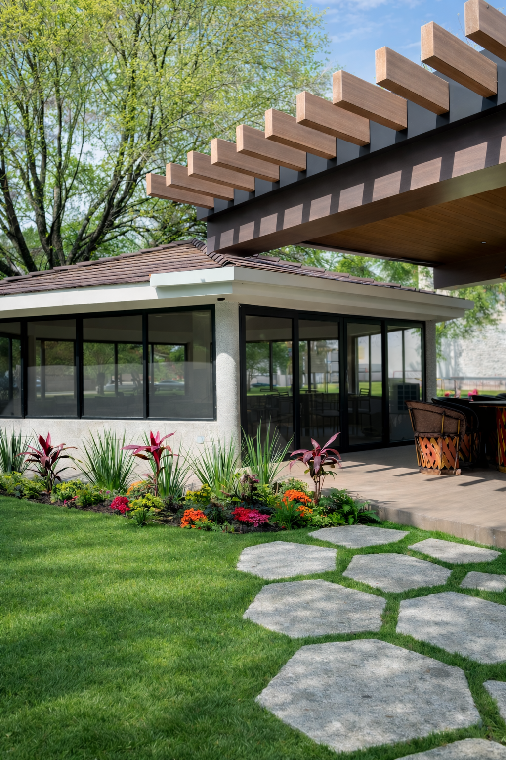 Casa moderna con grandes ventanas, jardín con plantas y flores, camino de piedras y estructura de madera en el techo