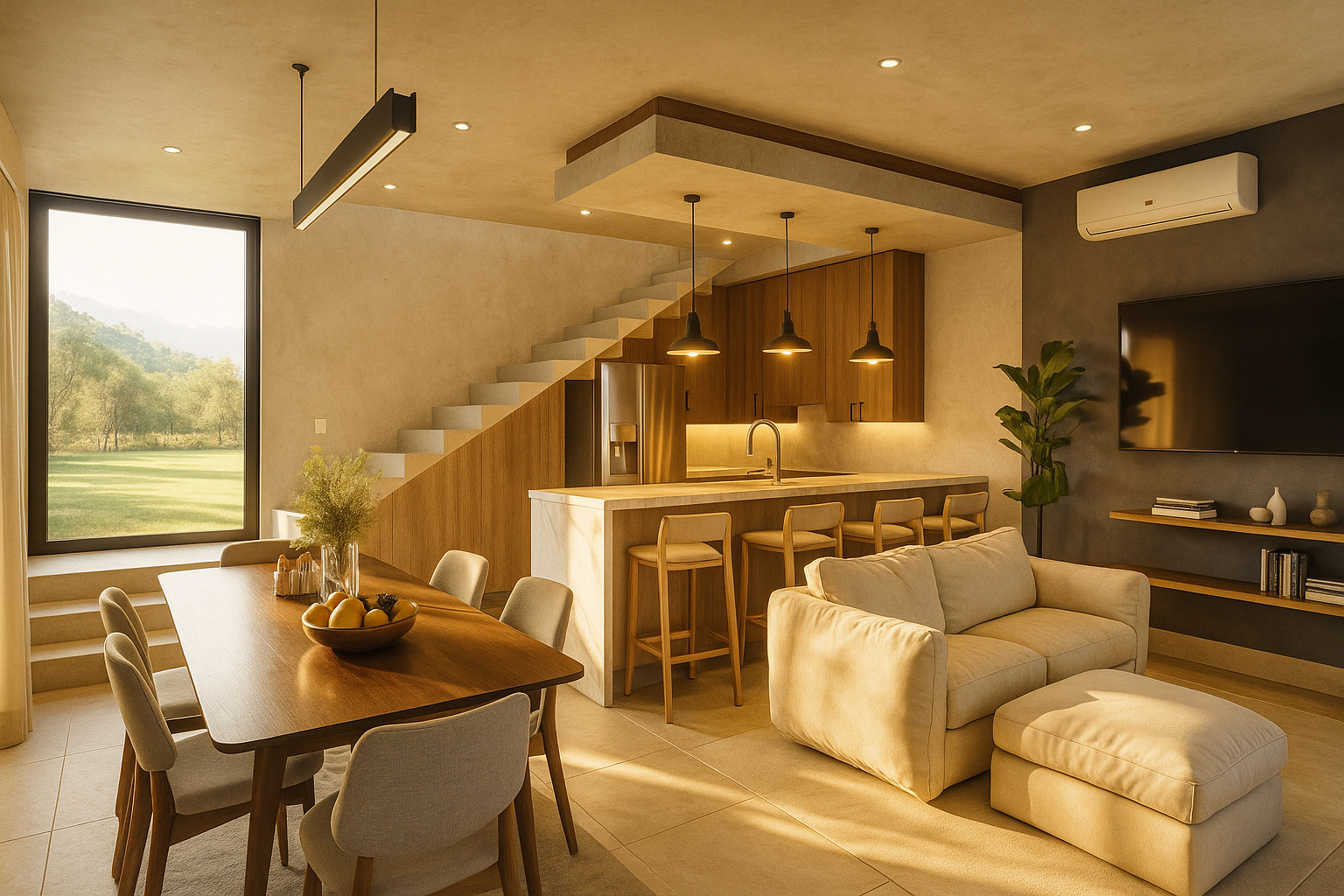 Interiores de sala y cocina moderna, con comedor, sofá, televisión, ventana grande y escaleras.
