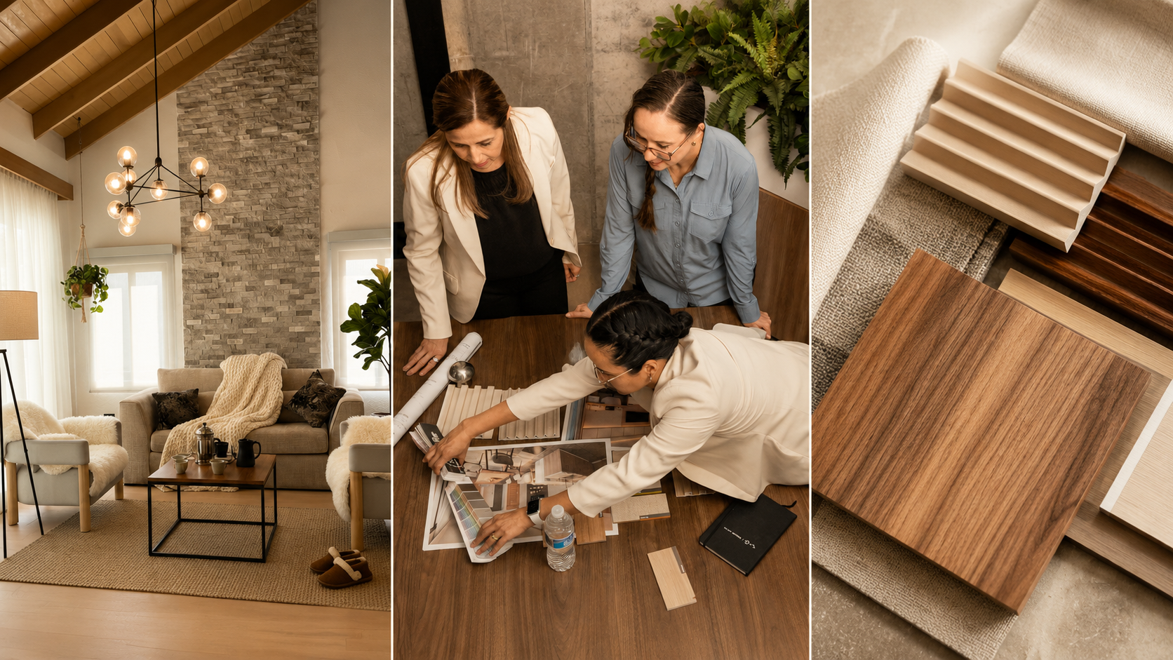 Interior de una sala de estar moderna con mobiliario neutro y detalles cálidos, en el centro se observan tres mujeres revisando ideas y muestras de materiales para un proyecto de diseño de interiores, con varias muestras de madera y tejidos alrededor.