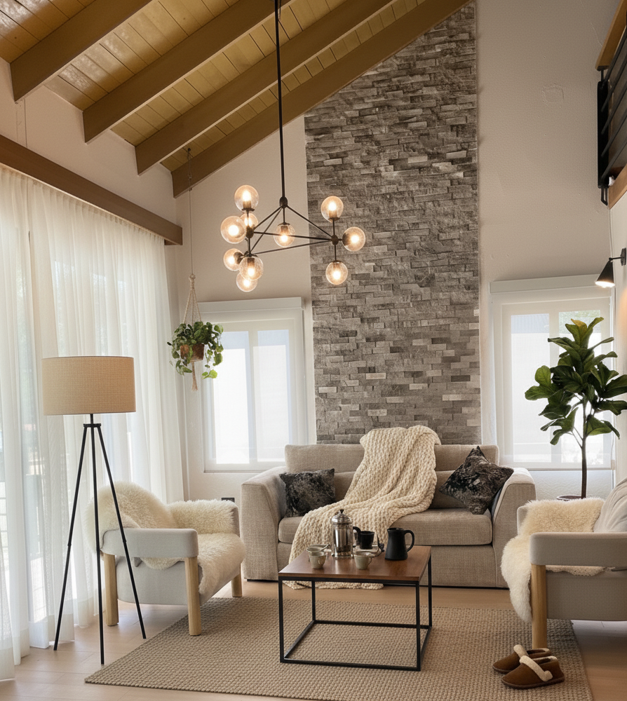 Sala de estar con sofá gris, sillones blancos con cojines oscuros, lámpara de pie, mesa de centro de madera con utensilios y tazas, paredes de piedra, cortinas blancas, plantas verdes, lámpara de techo moderna y ventanas con vista a la luz natural.