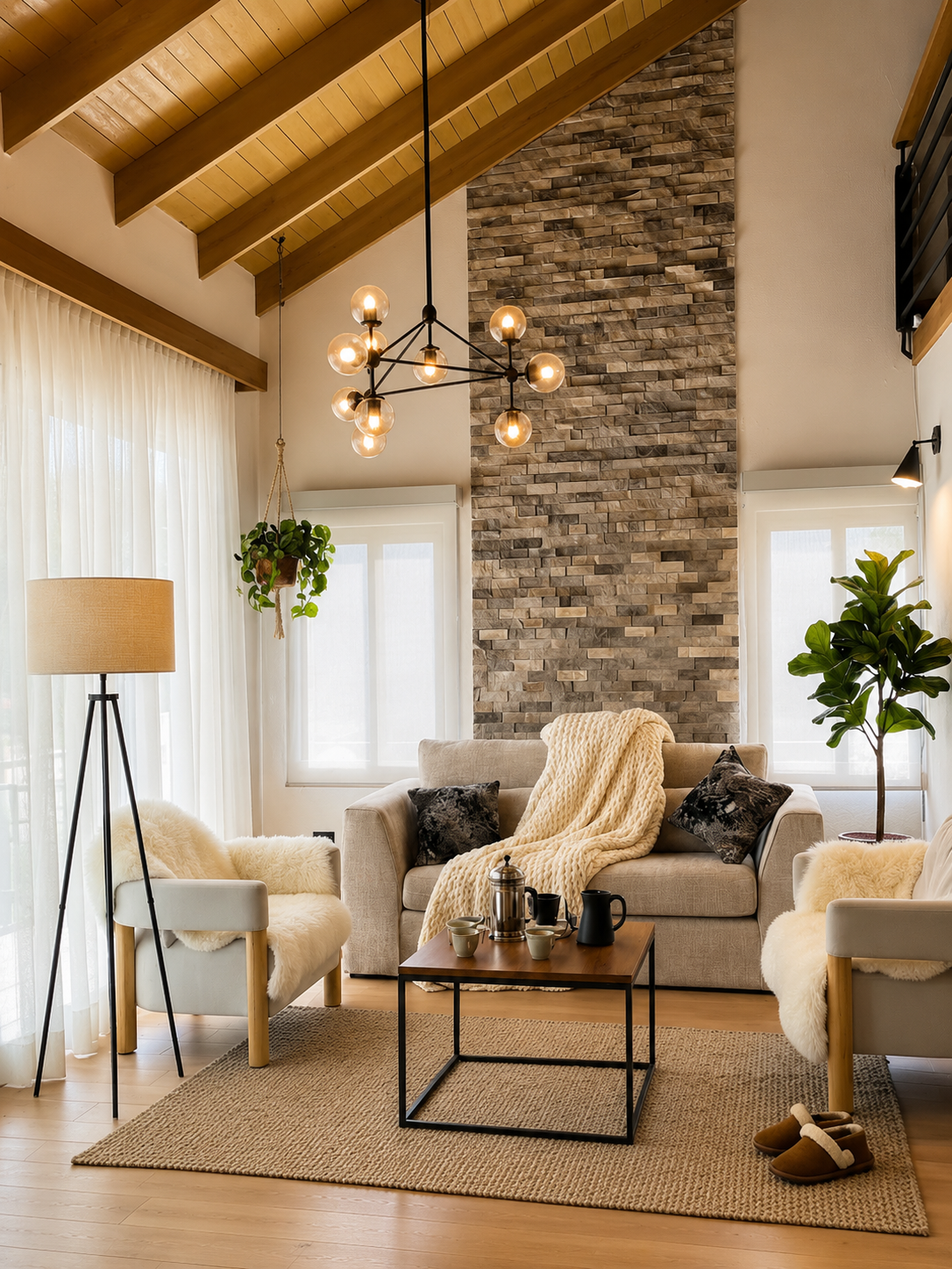 Sala de estar con sillones blancos, papelera con plantas, chimenea de piedra, mesa de centro de madera, piso de madera, cortinas blancas, lámpara de pie y lámpara de pared, en un ambiente con techo de madera y lámpara moderna de bola.