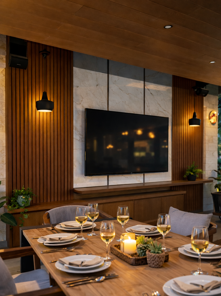 Mesa de comedor elegante con platos, vasos de vino blanco, cubiertos, y vela en centro, en una sala decorada con madera, plantas y televisión