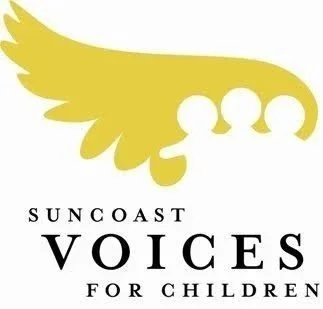 Logo for Suncoast Voices for Children featuring a stylized yellow bird with three heads.