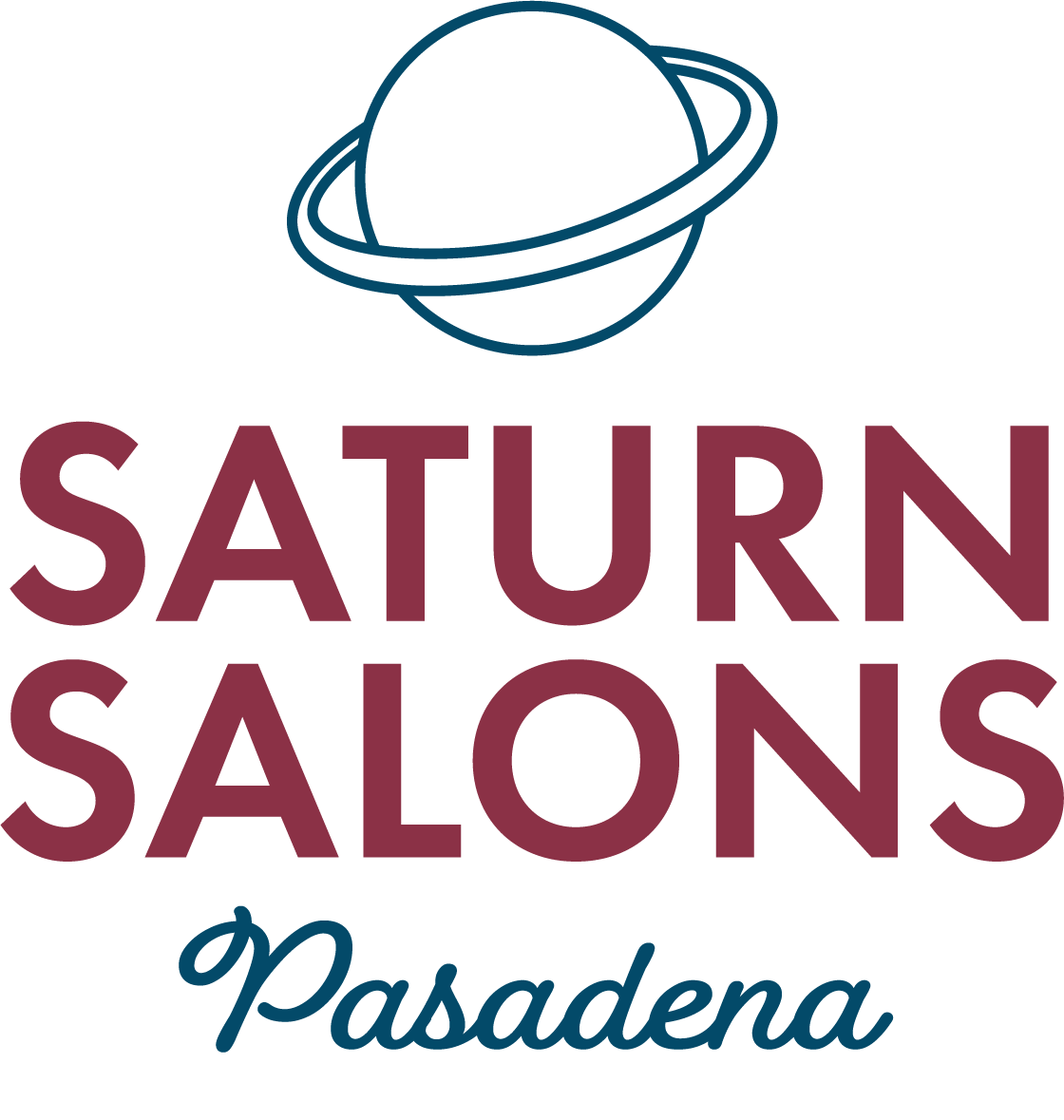Logo for Saturn Salons in Pasadena featuring a stylized blue planet with rings and the salon's name in burgundy and blue text.