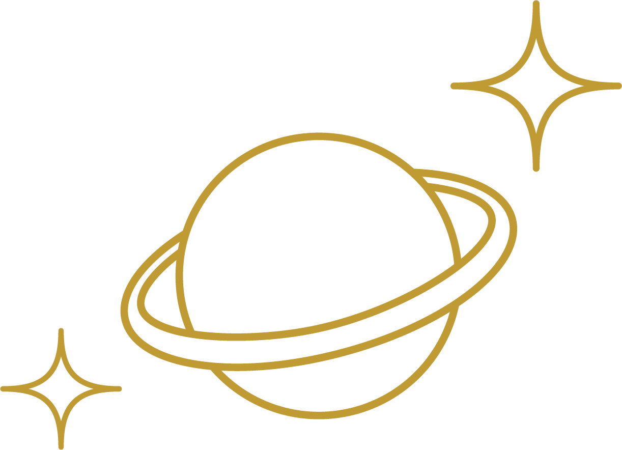 A minimalist gold line drawing of a planet with rings, surrounded by two stars on a black background.
