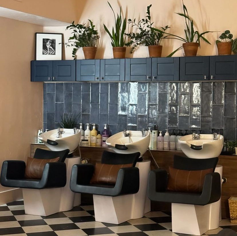 Three salon shampoo chairs with sinks, black armrests, brown cushions, and a checkered black and white floor. Behind the chairs are bottles of hair products, a small potted plant, dark gray tiles, a blue cabinet with potted plants, and a black-and-wh